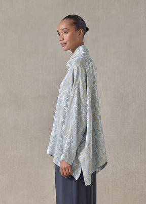 silk mix jacquard wide longer back chinese collar shirt - mid plus (bridgertonblue)