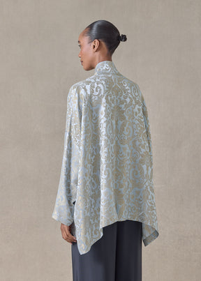 silk mix jacquard wide longer back chinese collar shirt - mid plus (bridgertonblue)