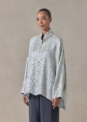 silk mix jacquard wide longer back chinese collar shirt - mid plus (bridgertonblue)