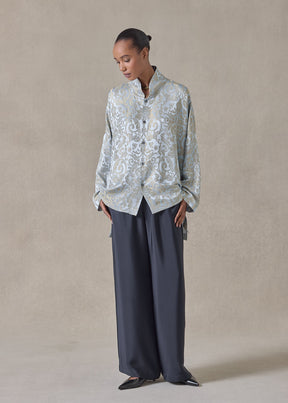 silk mix jacquard wide longer back chinese collar shirt - mid plus (bridgertonblue)