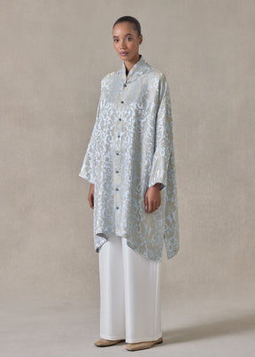 silk mix jacquard wide a-line chinese collar shirt - very long with slits (bridgertonblue)
