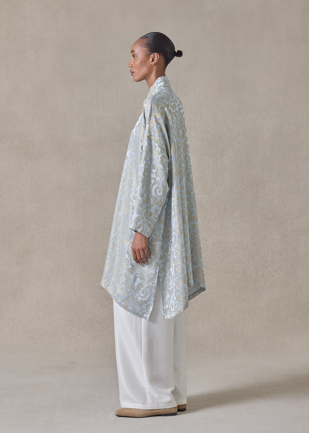 silk mix jacquard wide a-line chinese collar shirt - very long with slits (bridgertonblue)