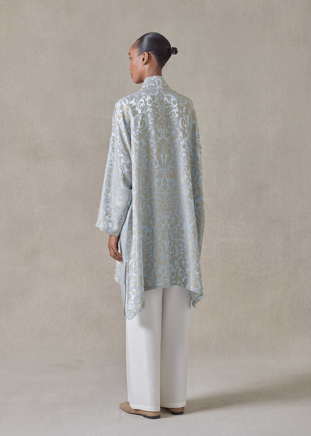 silk mix jacquard wide a-line chinese collar shirt - very long with slits (bridgertonblue)