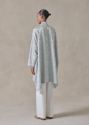 silk mix jacquard wide a-line chinese collar shirt - very long with slits (bridgertonblue)