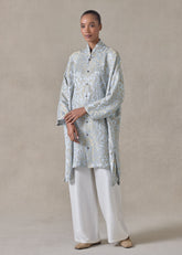 silk mix jacquard wide a-line chinese collar shirt - very long with slits (bridgertonblue)