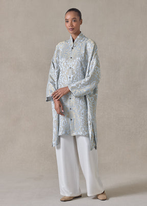 silk mix jacquard wide a-line chinese collar shirt - very long with slits (bridgertonblue)