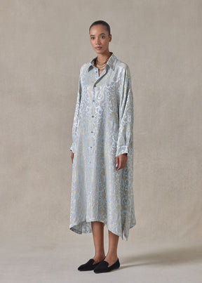 silk mix jacquard wide a-line shirt dress with collar (bridgertonblue)