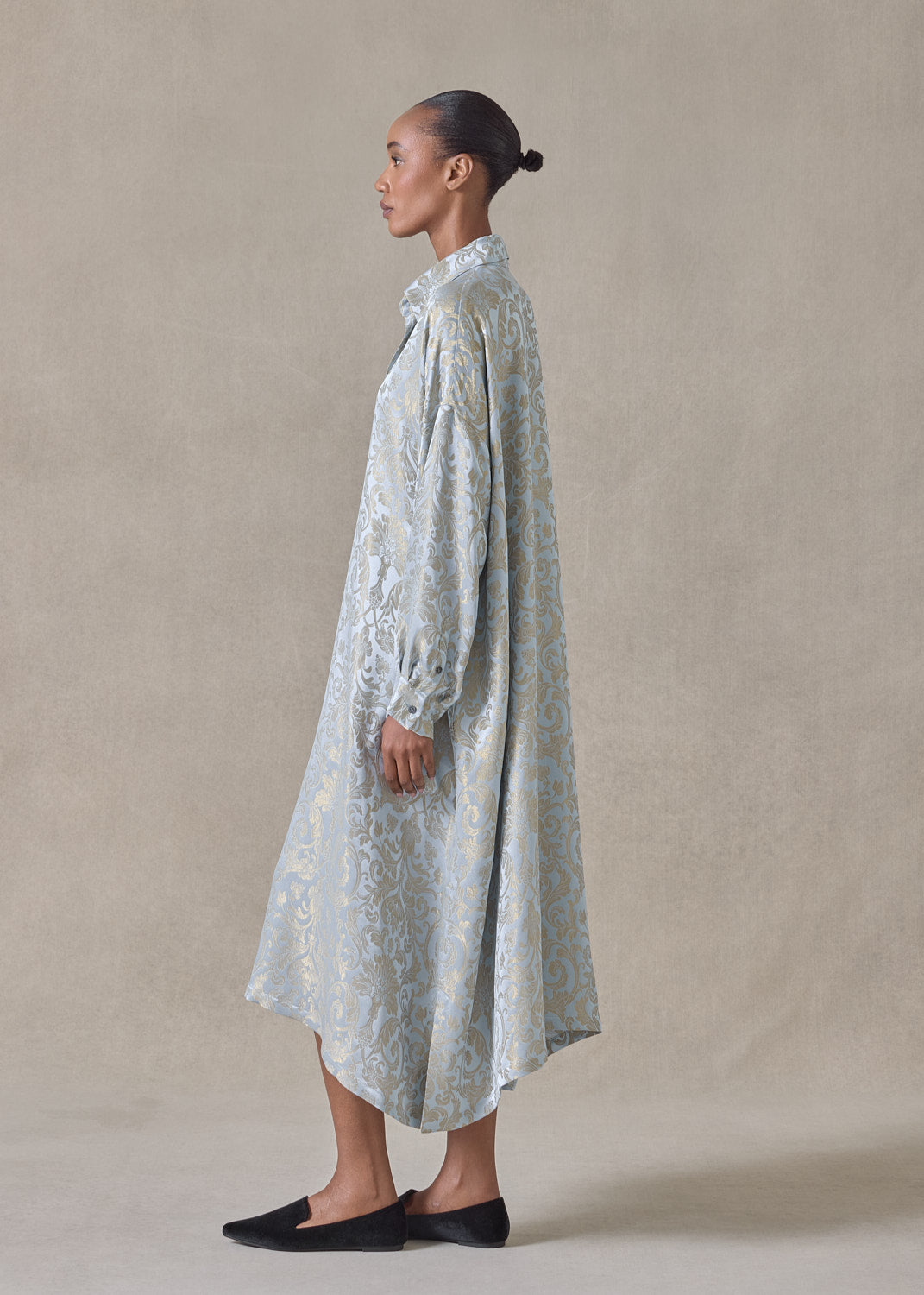 silk mix jacquard wide a-line shirt dress with collar (bridgertonblue)