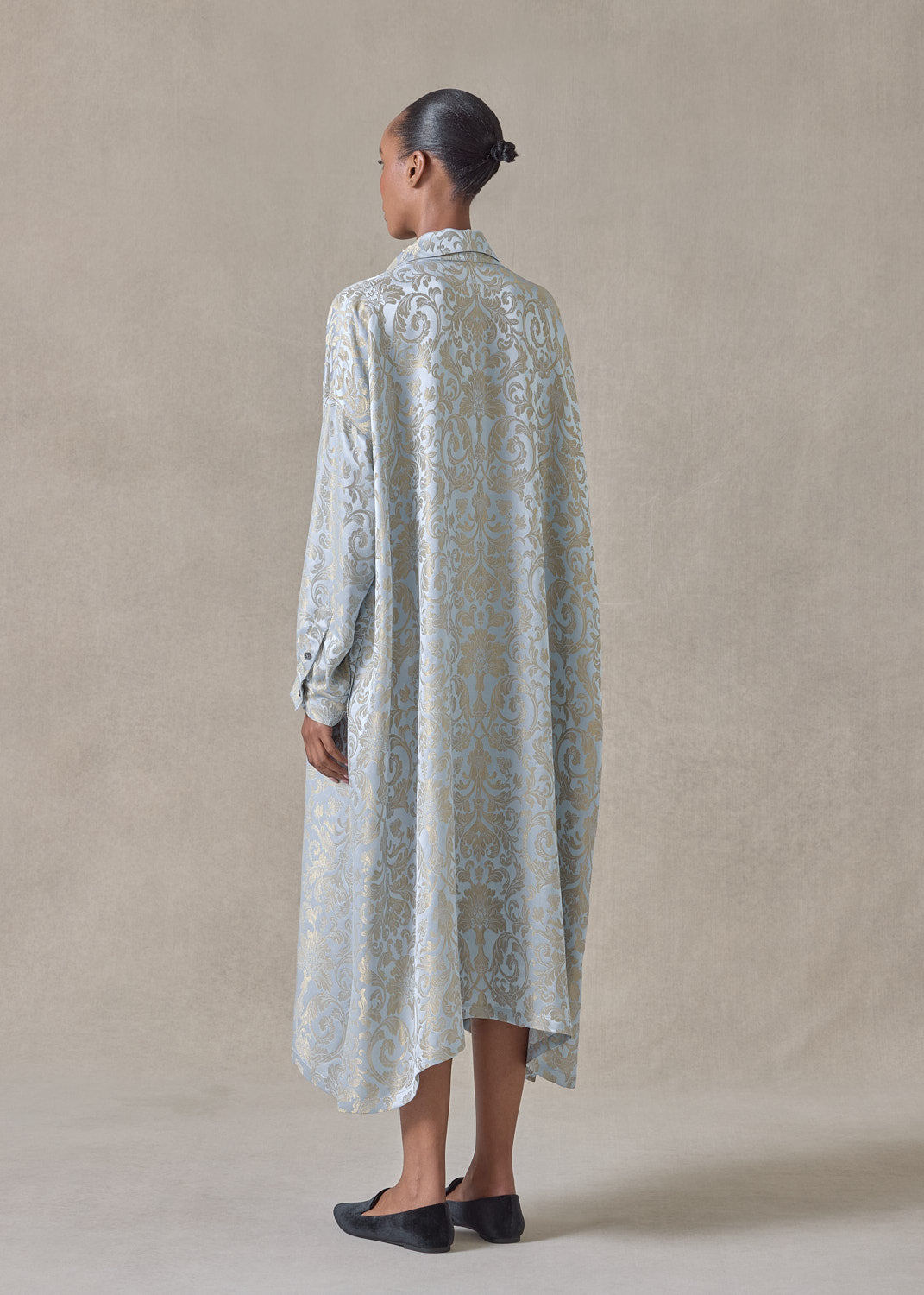 silk mix jacquard wide a-line shirt dress with collar (bridgertonblue)
