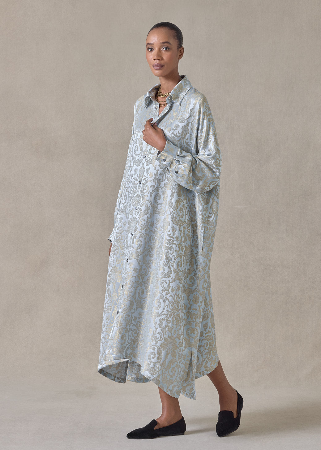 silk mix jacquard wide a-line shirt dress with collar (bridgertonblue)
