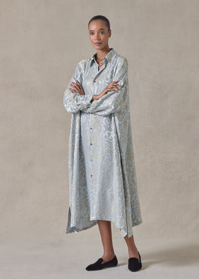 silk mix jacquard wide a-line shirt dress with collar (bridgertonblue)
