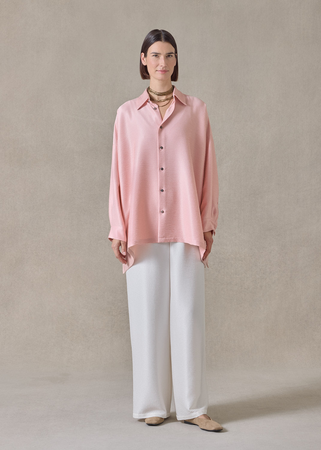 midweight silk plissé wide a-line shirt with collar - long (rosepowder)