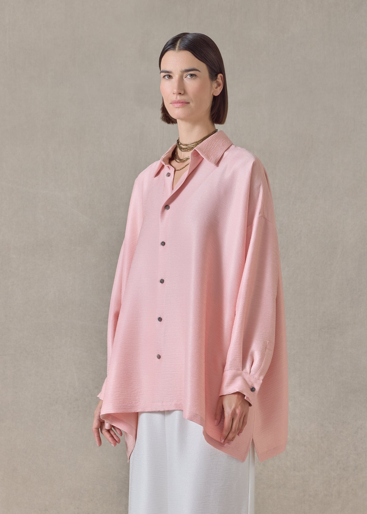 midweight silk plissé wide a-line shirt with collar - long (rosepowder)