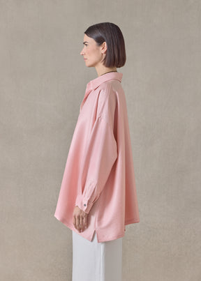 midweight silk plissé wide a-line shirt with collar - long (rosepowder)