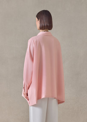 midweight silk plissé wide a-line shirt with collar - long (rosepowder)