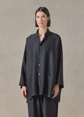 midweight silk plissé wide a-line mandarin jacket - long (black)