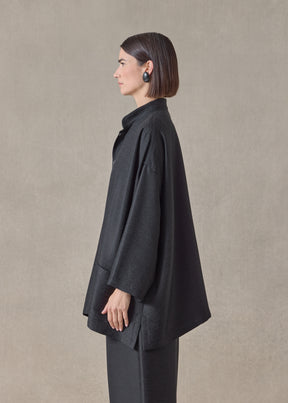 midweight silk plissé wide a-line mandarin jacket - long (black)