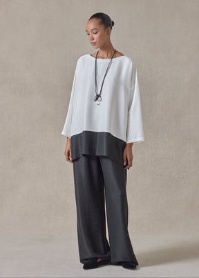 midweight silk plissé wide a-line scoop neck top - long (white/black)