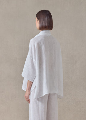 extrafine gold stripe handkerchief linen sloped shoulder wide a-line pleated collar short sleeve shirt - mid (white)
