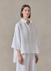 extrafine gold stripe handkerchief linen sloped shoulder wide a-line pleated collar short sleeve shirt - mid (white)