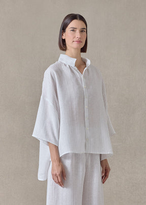 extrafine gold stripe handkerchief linen sloped shoulder wide a-line pleated collar short sleeve shirt - mid (white)