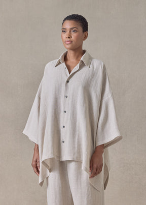extrafine gold stripe linen dps short sleeve shirt with collar - mid plus (natural)