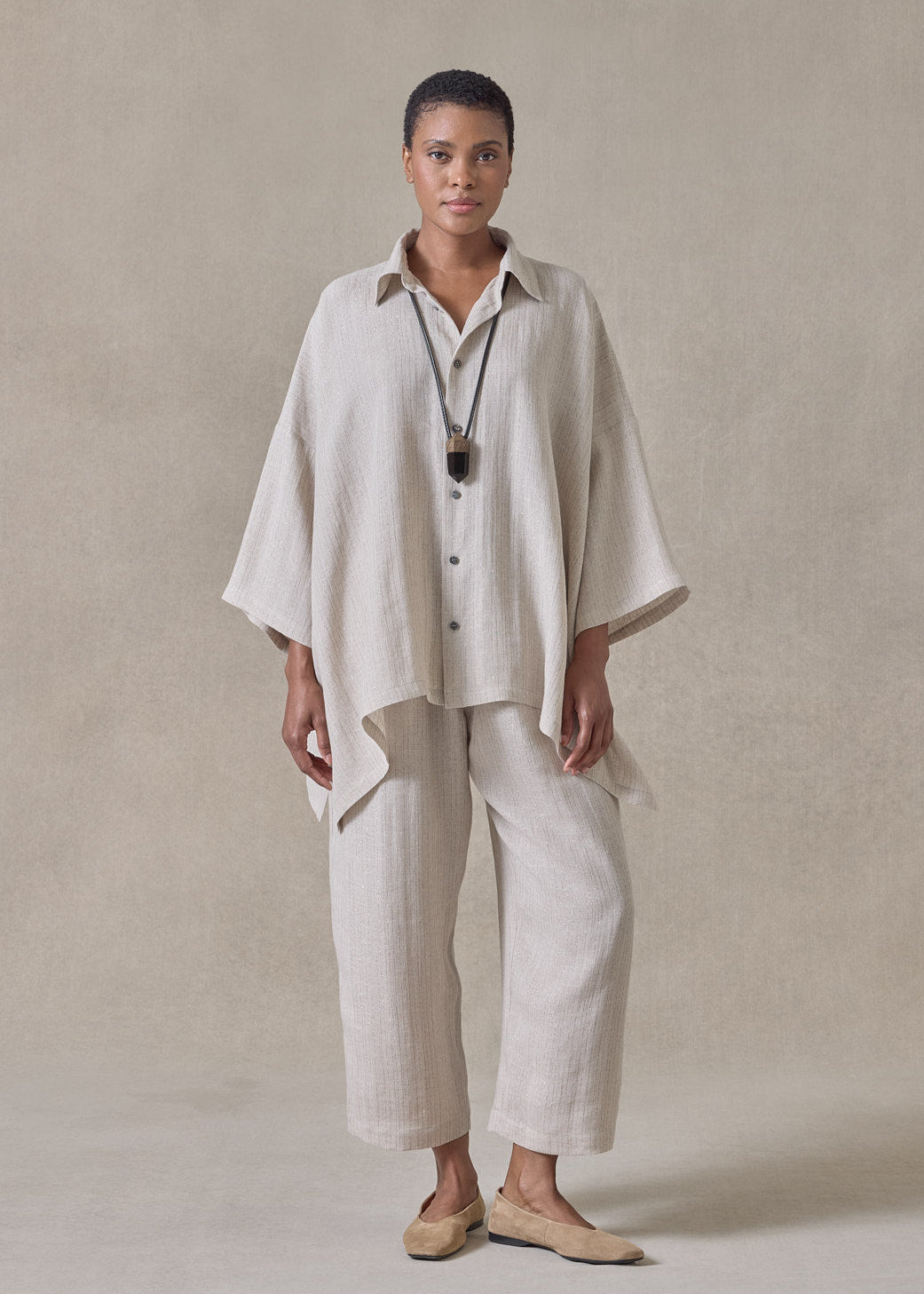 extrafine gold stripe linen dps short sleeve shirt with collar - mid plus (natural)