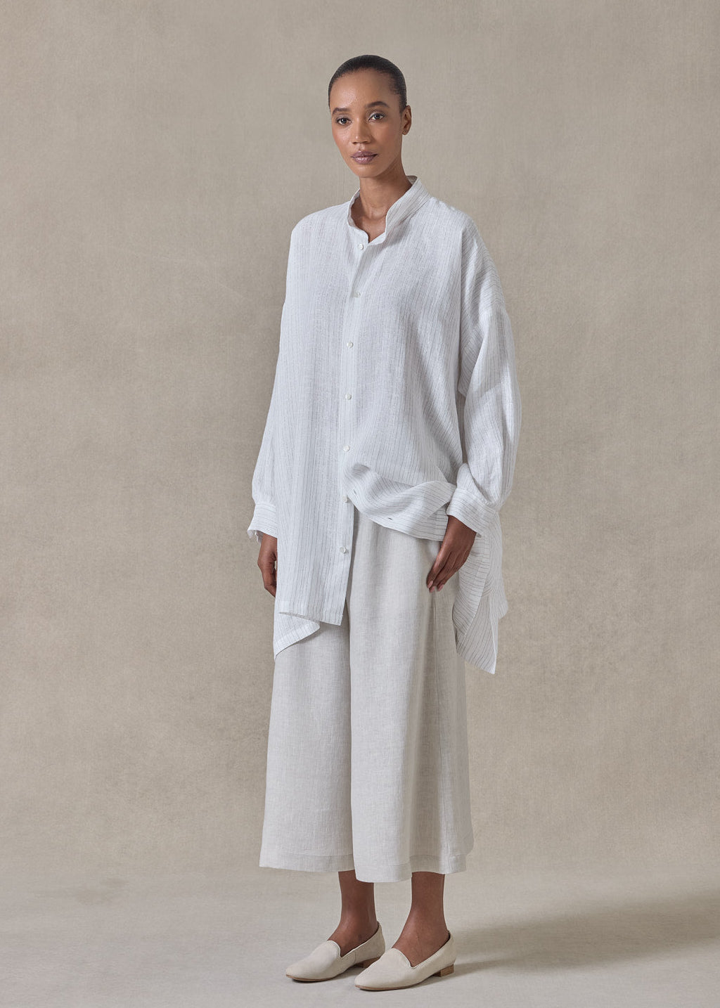 extrafine gold stripe handkerchief linen wide a-line collarless shirt - long plus (white)