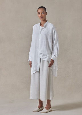 extrafine gold stripe handkerchief linen wide a-line collarless shirt - long plus (white)