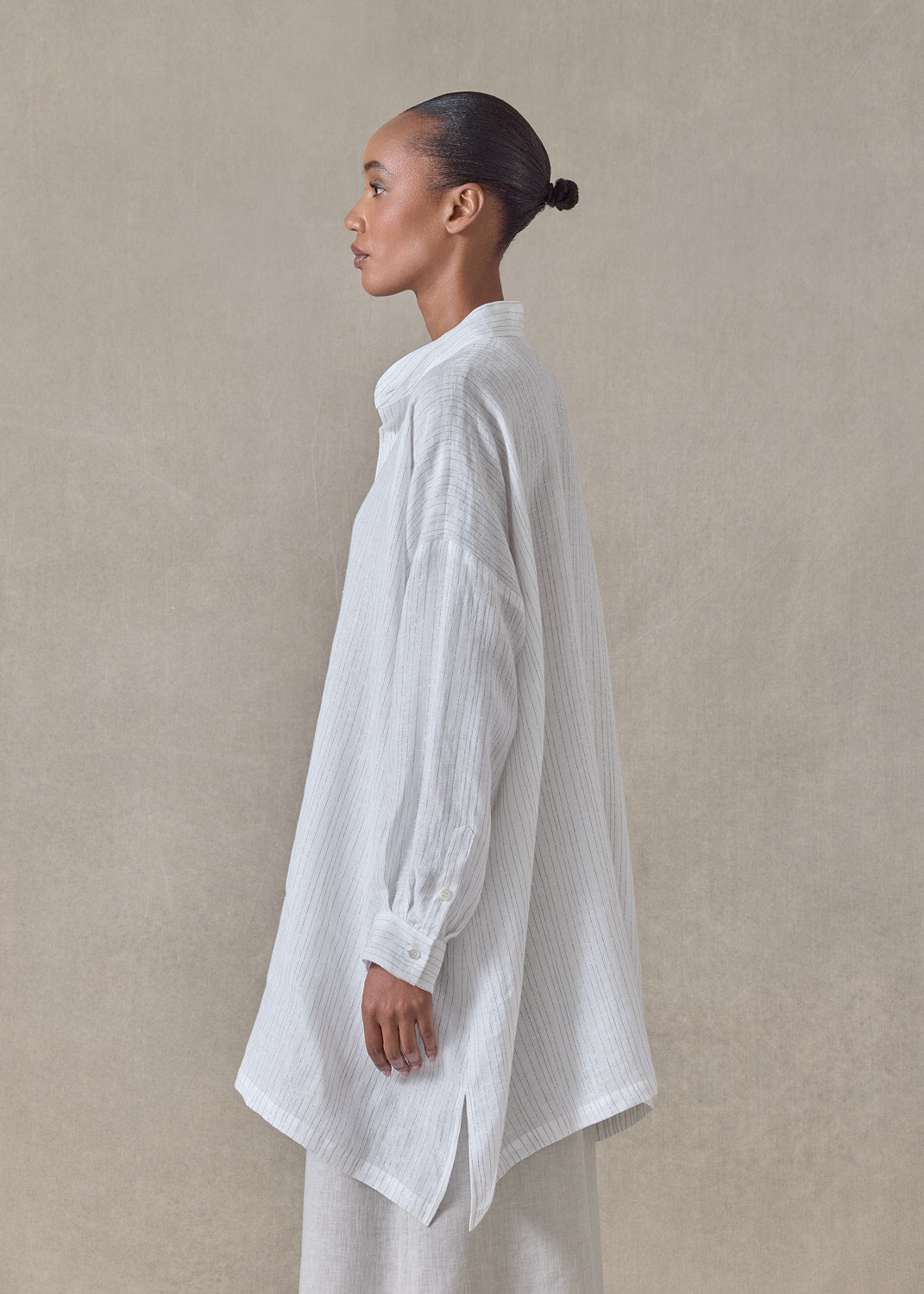 extrafine gold stripe handkerchief linen wide a-line collarless shirt - long plus (white)