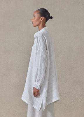 extrafine gold stripe handkerchief linen wide a-line collarless shirt - long plus (white)