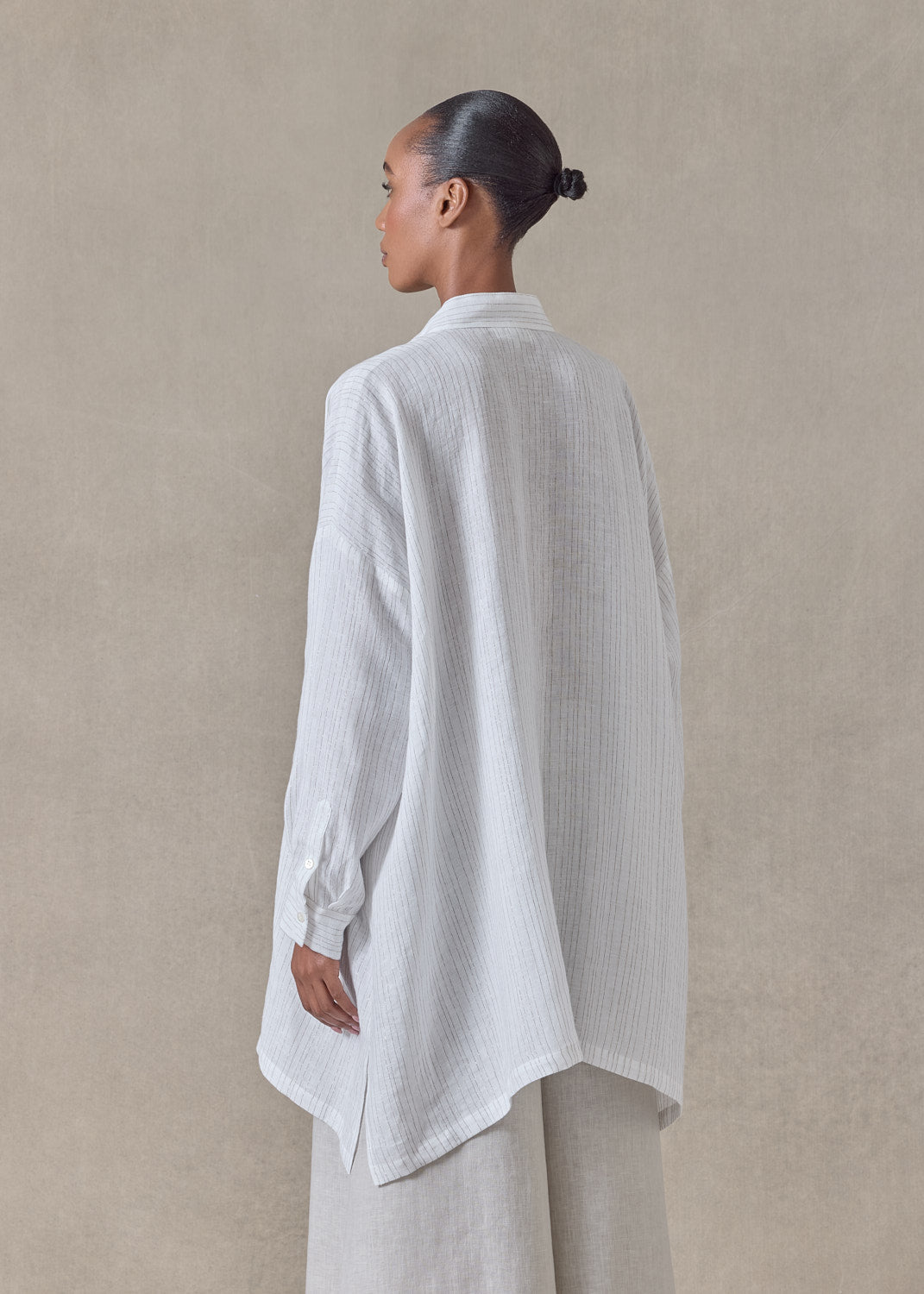 extrafine gold stripe handkerchief linen wide a-line collarless shirt - long plus (white)