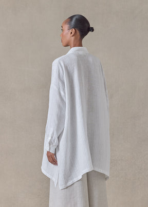 extrafine gold stripe handkerchief linen wide a-line collarless shirt - long plus (white)