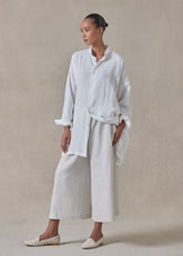 extrafine gold stripe handkerchief linen wide a-line collarless shirt - long plus (white)