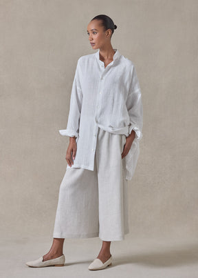 extrafine gold stripe handkerchief linen wide a-line collarless shirt - long plus (white)
