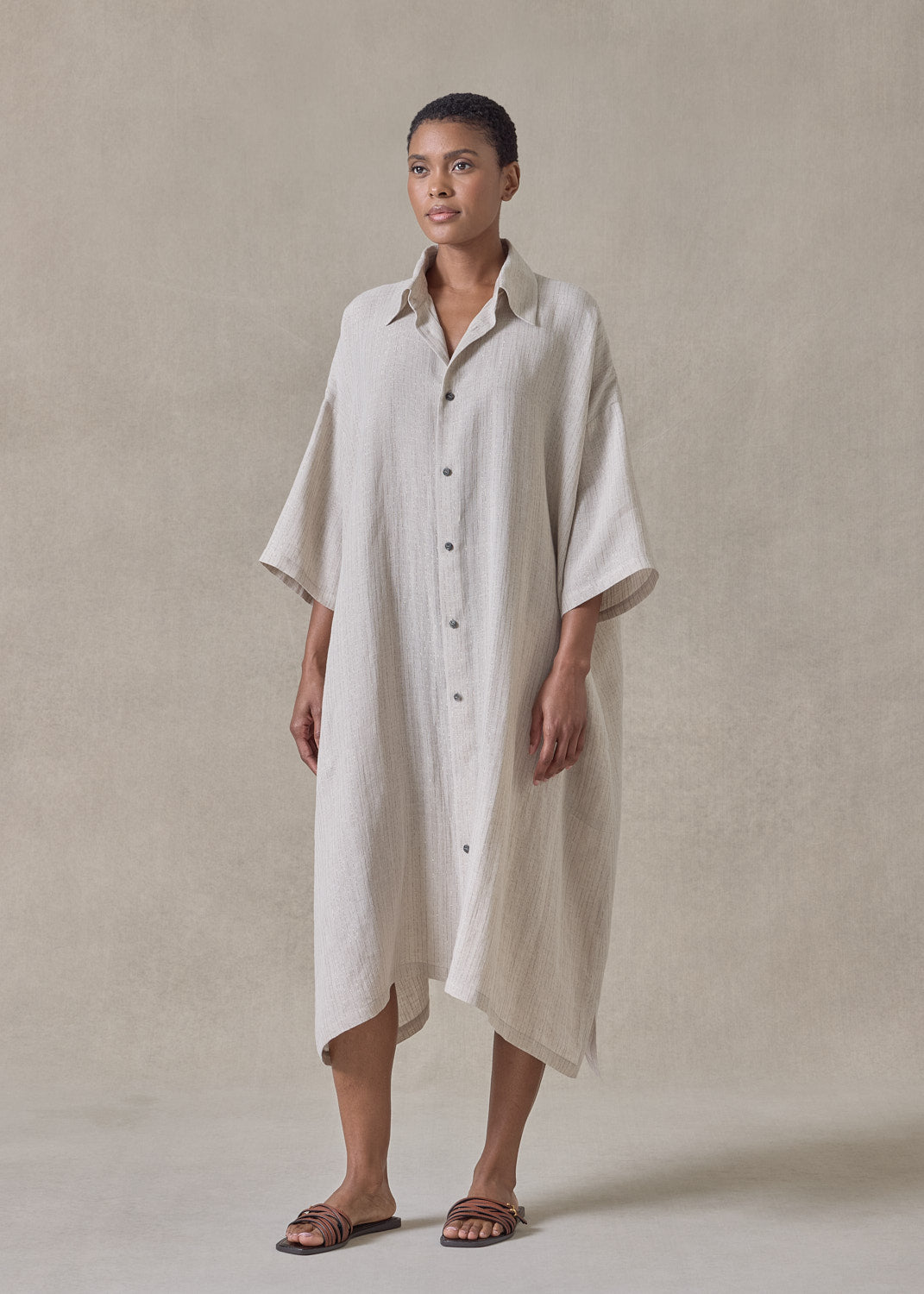 extrafine gold stripe linen wide a-line short sleeve shirt dress with collar (natural)