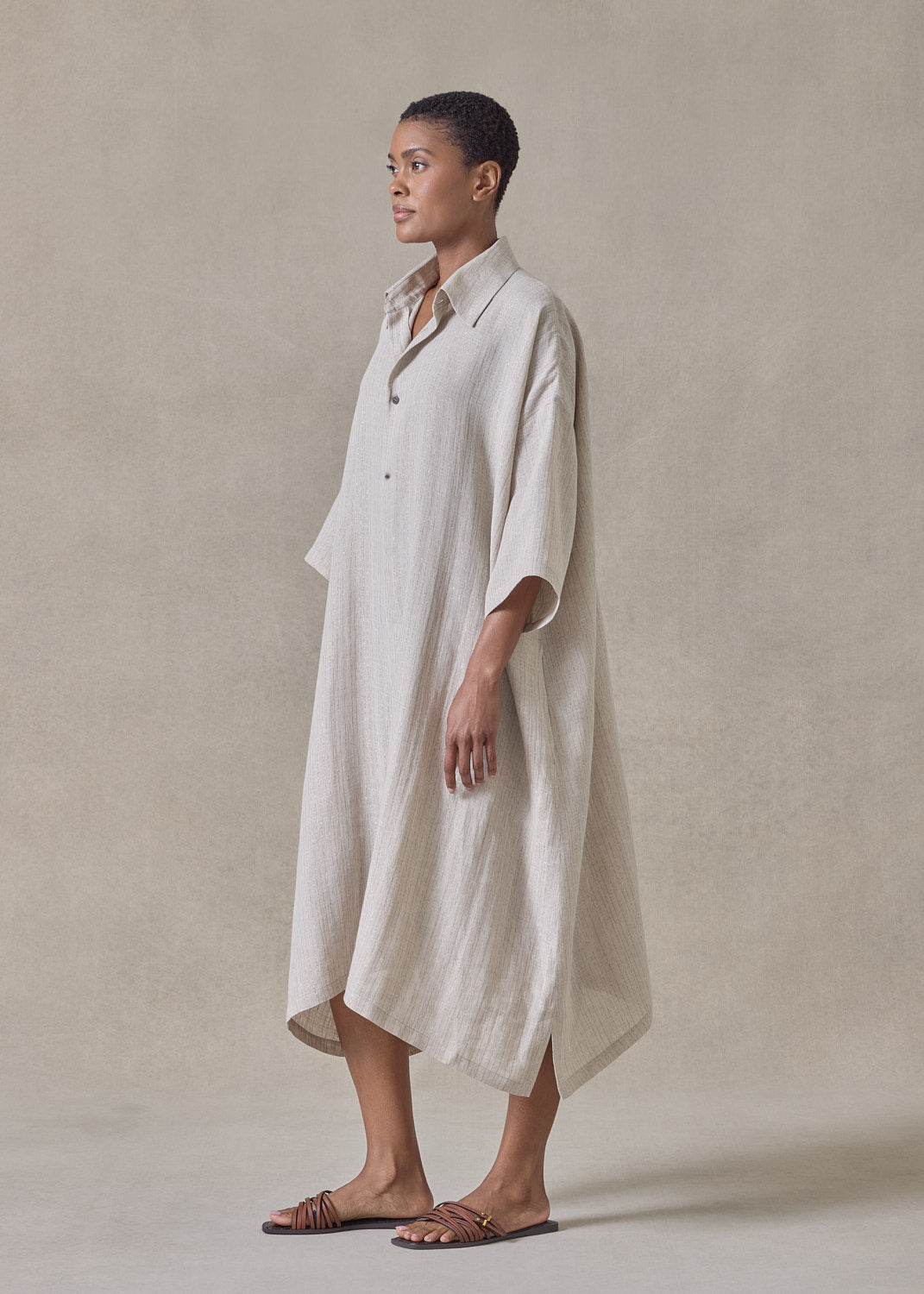 extrafine gold stripe handkerchief linen wide a-line short sleeve shirt dress with collar (natural)