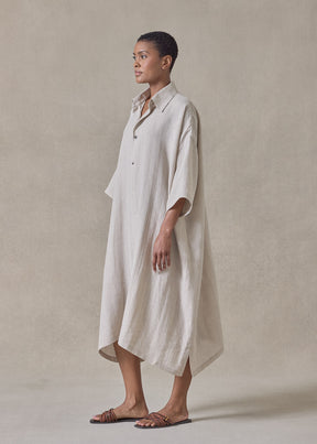 extrafine gold stripe handkerchief linen wide a-line short sleeve shirt dress with collar (natural)