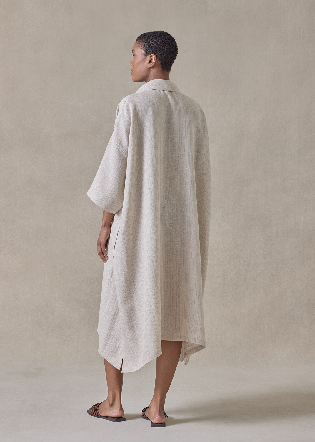 extrafine gold stripe handkerchief linen wide a-line short sleeve shirt dress with collar (natural)
