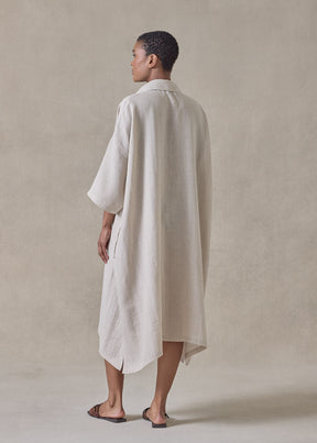 extrafine gold stripe handkerchief linen wide a-line short sleeve shirt dress with collar (natural)