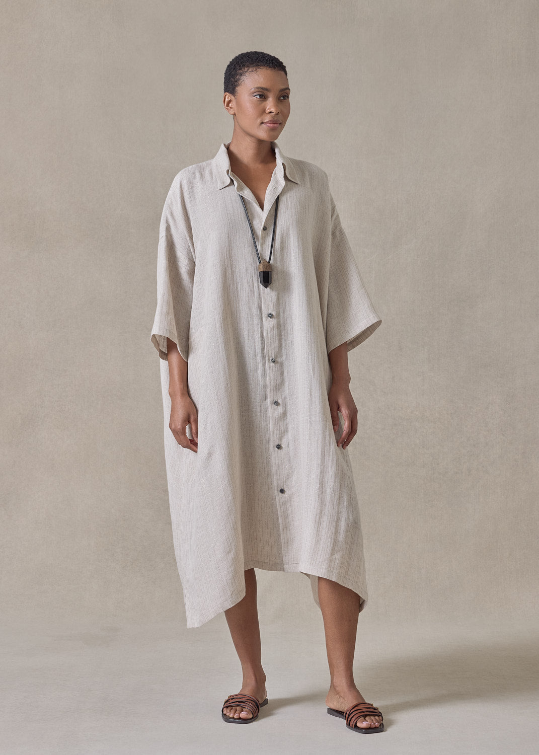 extrafine gold stripe linen wide a-line short sleeve shirt dress with collar (natural)