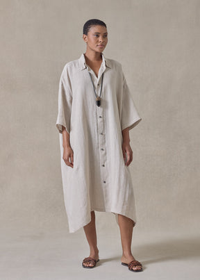 extrafine gold stripe handkerchief linen wide a-line short sleeve shirt dress with collar (natural)