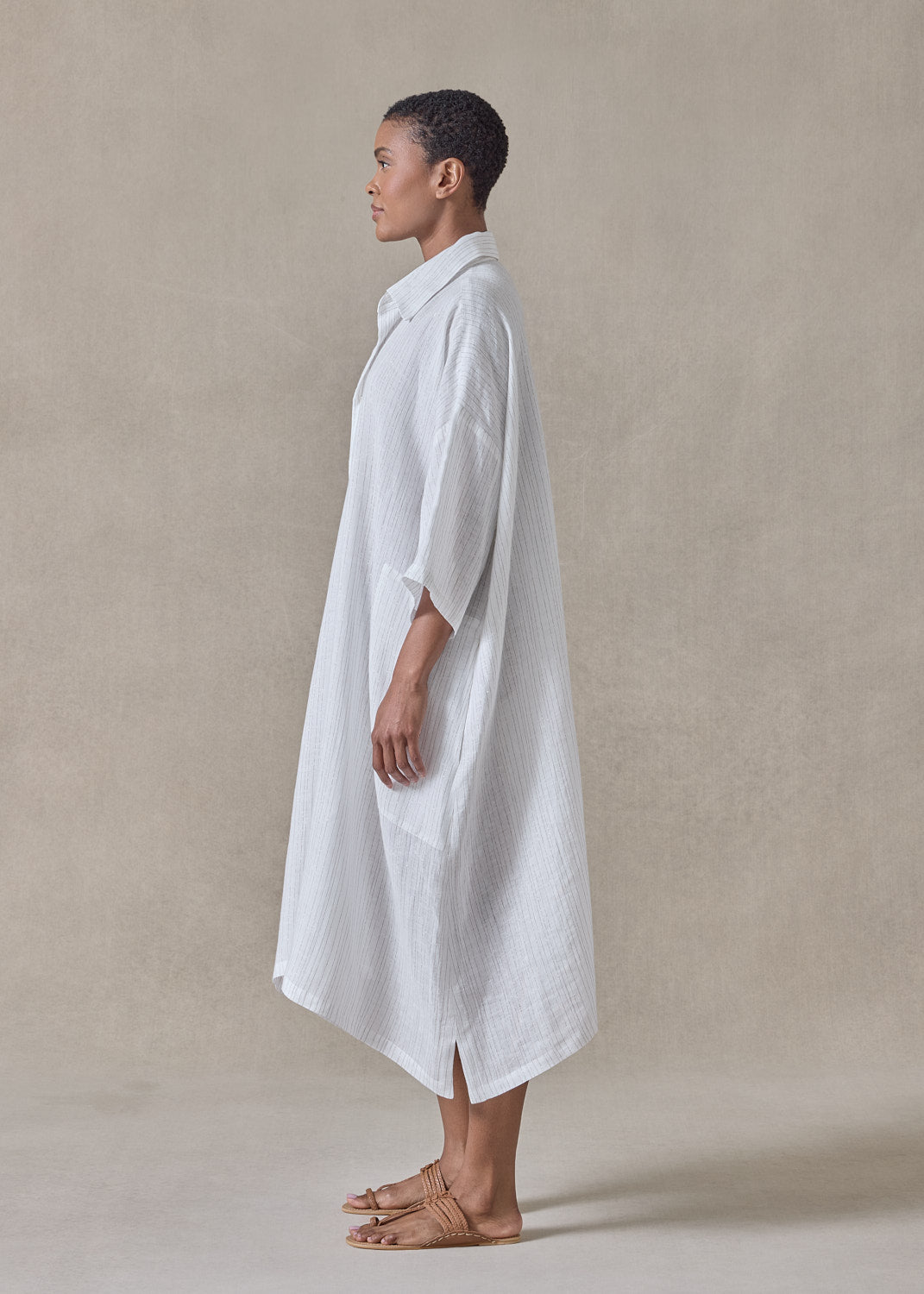 extrafine gold stripe handkerchief linen wide a-line short sleeve shirt dress with collar (white)