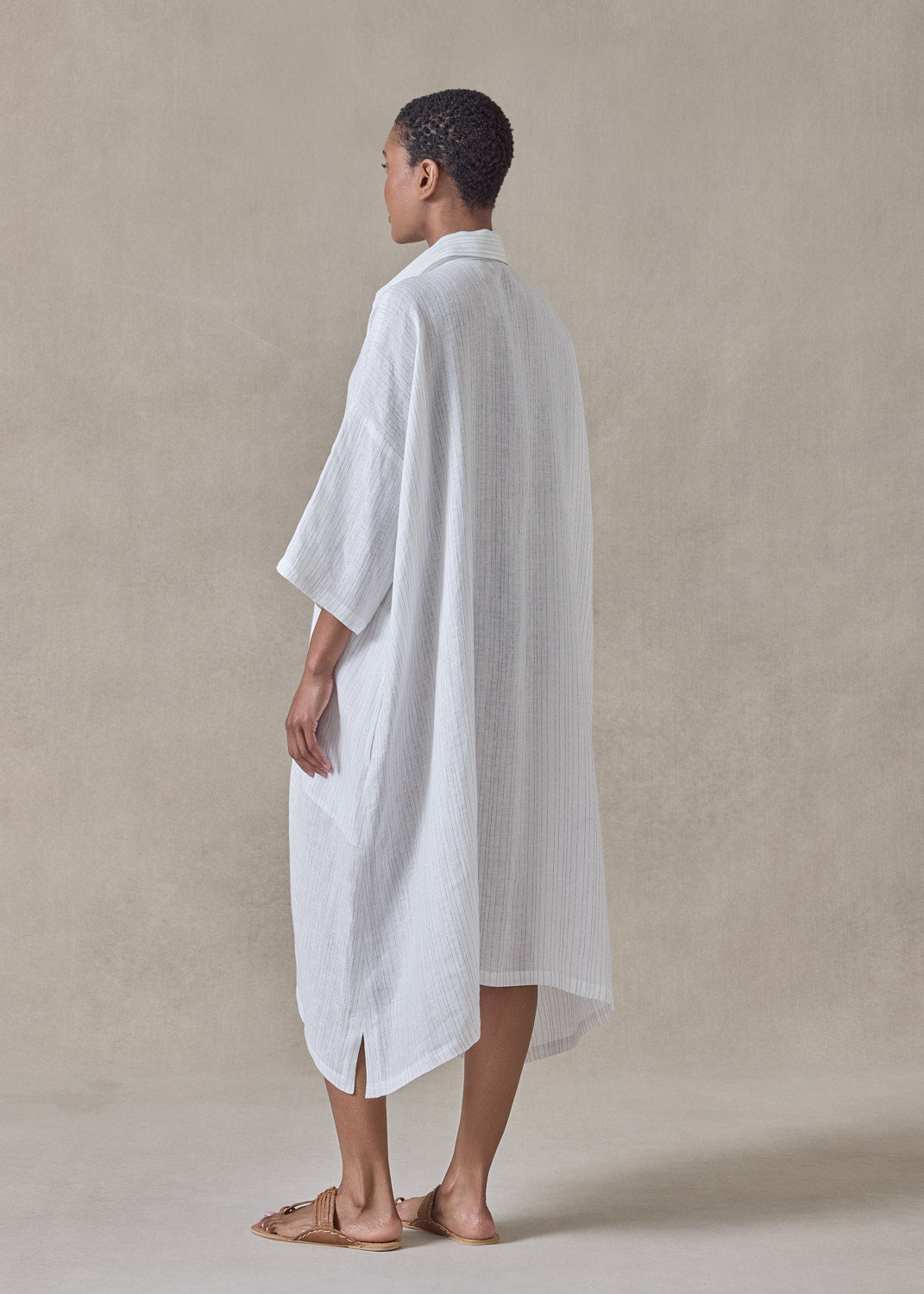 extrafine gold stripe handkerchief linen wide a-line short sleeve shirt dress with collar (white)