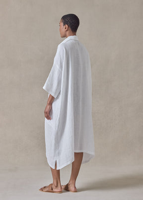 extrafine gold stripe handkerchief linen wide a-line short sleeve shirt dress with collar (white)