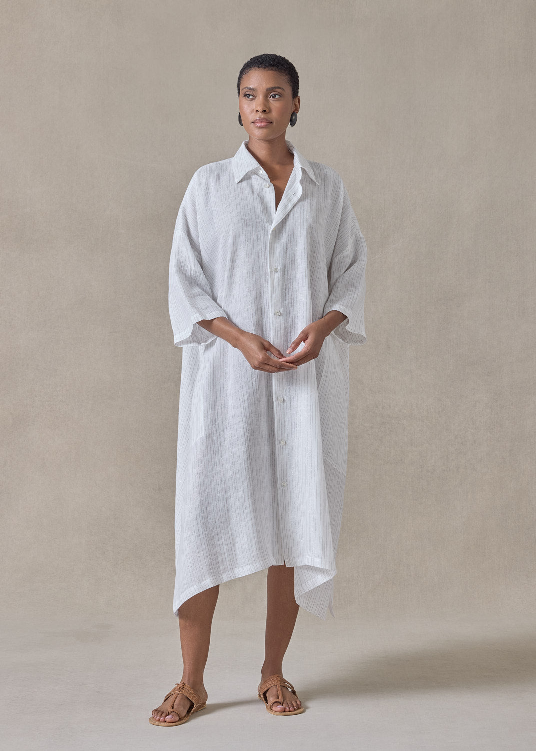 extrafine gold stripe linen wide a-line short sleeve shirt dress with collar (white)