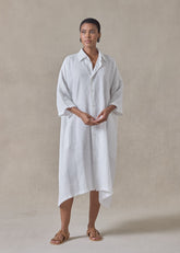 extrafine gold stripe handkerchief linen wide a-line short sleeve shirt dress with collar (white)
