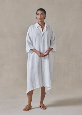 extrafine gold stripe handkerchief linen wide a-line short sleeve shirt dress with collar (white)