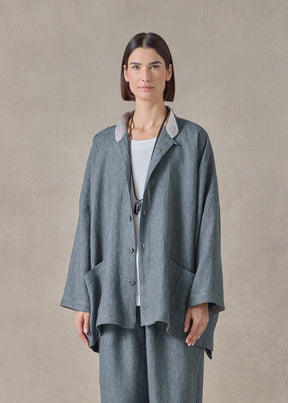 heavyweight delave linen longer back wide mandarin jacket - long (petrol)