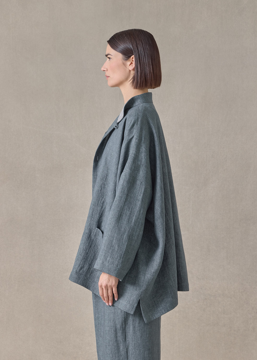 heavyweight delave linen longer back wide mandarin jacket - long (petrol)